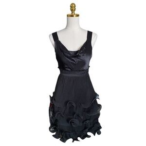 Phoebe Couture Black Silk Ruffled Tiered Sleeveless Party Cocktail Mini Dress S